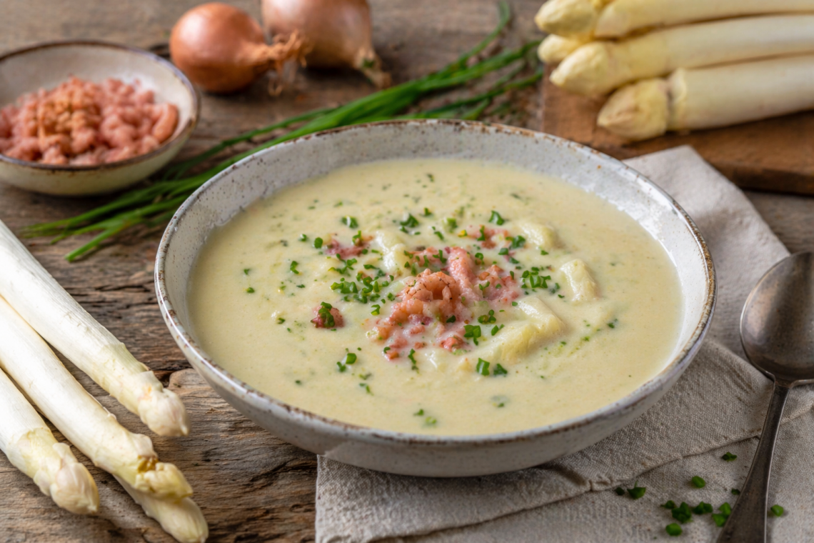 Cremige Spargelcremesuppe mit weißen Spargelstücken, Krabben und frischem Schnittlauch in einer Schale, angerichtet auf rustikalem Holztisch mit frischem Spargel und Zutaten im Hintergrund