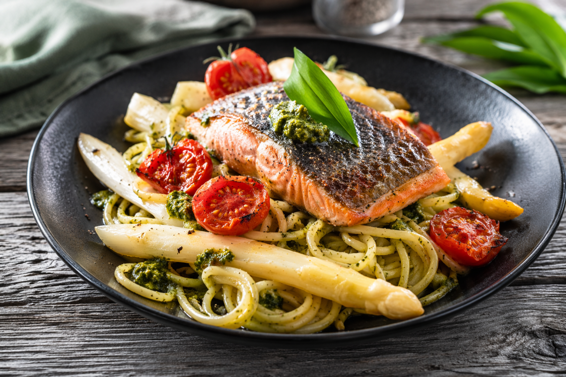 Fotorealistisches Gericht mit knusprig gebratener Lachsforelle auf Bärlauchspaghetti, dazu weißer Spargel und halbierte, leicht geröstete Cherrytomaten auf einem rustikalen Teller.
