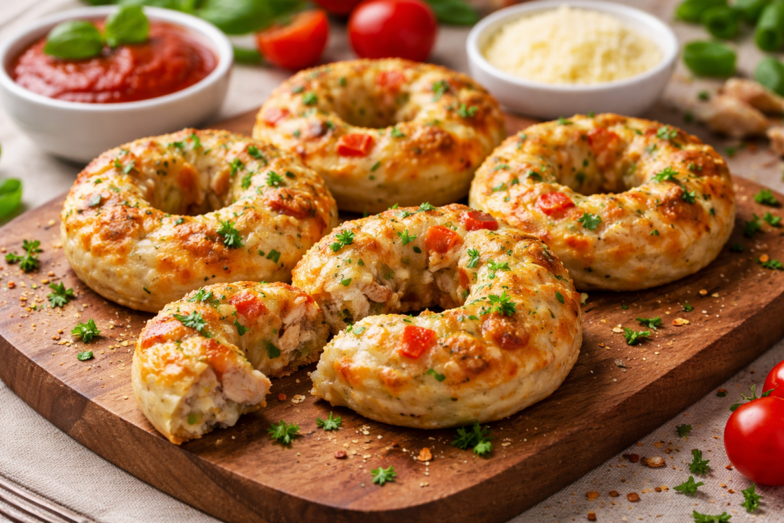 Goldbraun gebackene Pizza Donuts mit Käse, Hähnchen, Paprika und Frühlingszwiebeln auf einem Holzbrett, serviert mit Tomatensauce und frischen Zutaten im Hintergrund