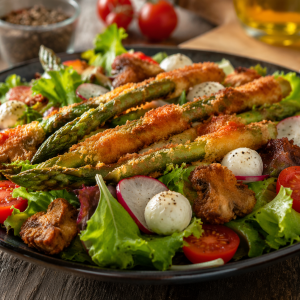 Frischer Frühlingssalat mit knusprig gebackenem Spargel, Champignons, Cocktailtomaten, Mini-Mozzarella und Radieschen auf einem Teller angerichtet.