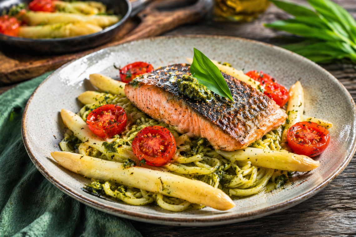 Fotorealistisches Gericht mit knusprig gebratener Lachsforelle auf Bärlauchspaghetti, dazu weißer Spargel und halbierte, leicht geröstete Cherrytomaten auf einem rustikalen Teller.