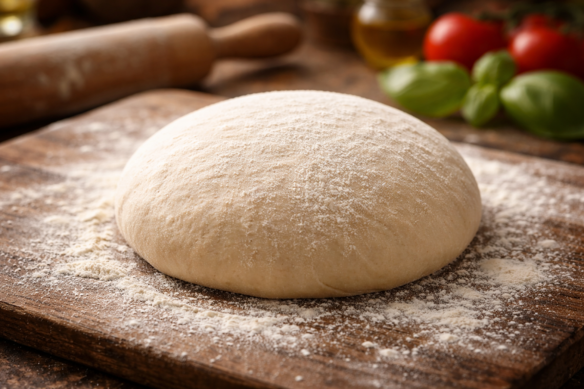 Frischer ungebackener Pizzateig als Teigkugel auf bemehltem Holzbrett in rustikaler Küche mit Nudelholz und Zutaten im Hintergrund – Vorbereitung für hausgemachte Pizza nach direkter Teigführung.