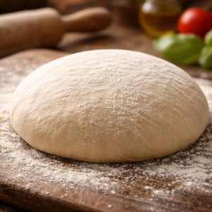 Frischer ungebackener Pizzateig als Teigkugel auf bemehltem Holzbrett in rustikaler Küche mit Nudelholz und Zutaten im Hintergrund – Vorbereitung für hausgemachte Pizza nach direkter Teigführung.
