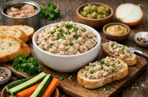 Cremiger Thunfischaufstrich mit Frischkäse, Essiggurken und Zwiebeln in einer Schüssel, serviert mit frischem Brot und Petersilie auf einem rustikalen Holzbrett.