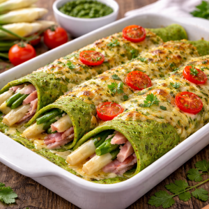 Bärlauch Pfannkuchen mit Spargel und Schinken in Auflaufform überbacken mit Käse, grüne Pfannkuchen mit weißem Spargel und Kirschtomaten, frisches Frühlingsgericht
