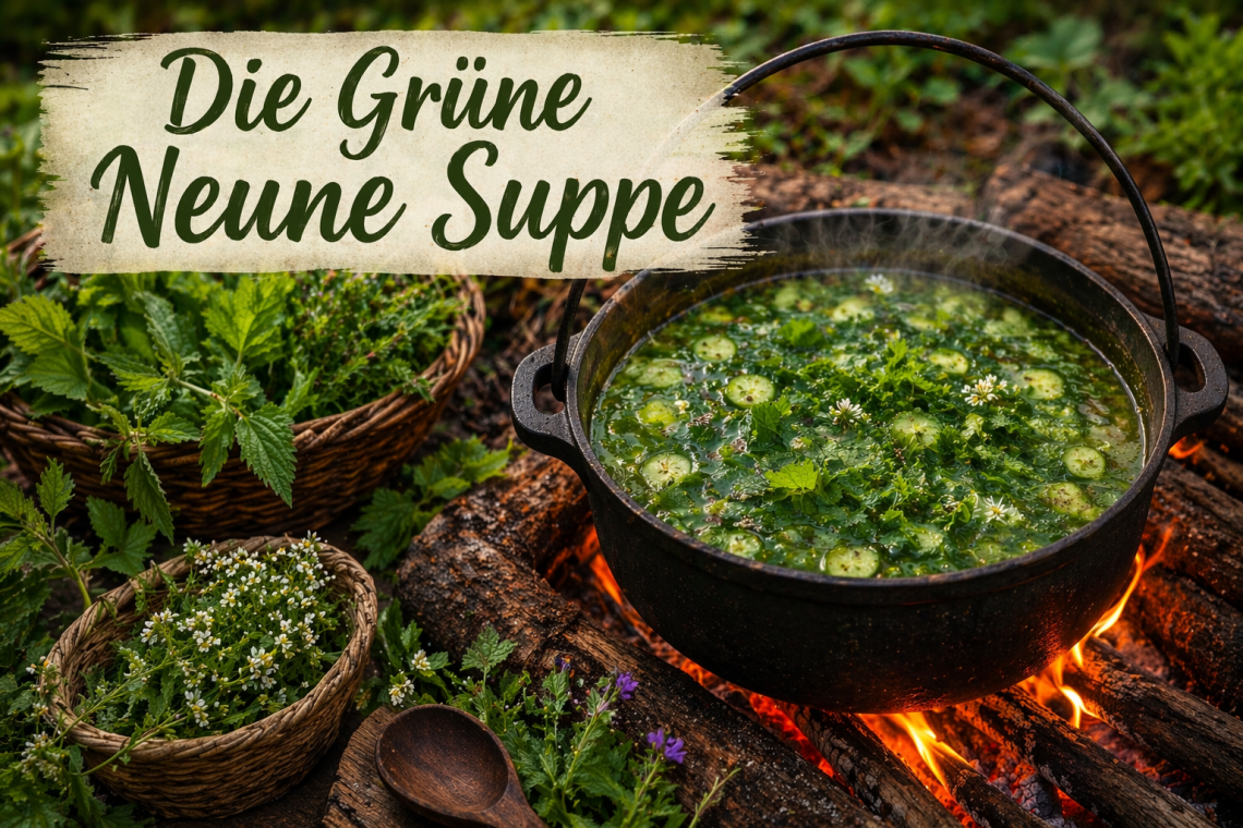Grüne Neune Suppe aus frischen Wildkräutern in einem gusseisernen Topf über natürlichem Lagerfeuer, umgeben von gesammelten Kräutern im Wald, rustikale Frühlingsküche