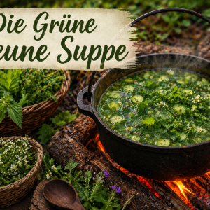 Grüne Neune Suppe aus frischen Wildkräutern in einem gusseisernen Topf über natürlichem Lagerfeuer, umgeben von gesammelten Kräutern im Wald, rustikale Frühlingsküche