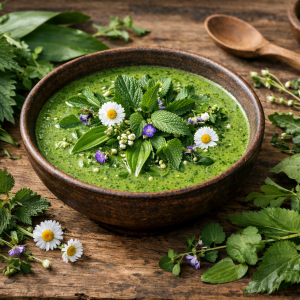 Fotorealistisches Bild einer cremigen grünen Wildkräutersuppe („Grüne Neune“) in einer rustikalen Schüssel auf einem Holztisch, garniert mit frischen Kräutern und Gänseblümchen, umgeben von gesammelten Wildkräutern wie Brennnessel, Bärlauch und Löwenzahn in natürlichem Licht.