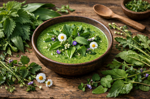 Fotorealistisches Bild einer cremigen grünen Wildkräutersuppe („Grüne Neune“) in einer rustikalen Schüssel auf einem Holztisch, garniert mit frischen Kräutern und Gänseblümchen, umgeben von gesammelten Wildkräutern wie Brennnessel, Bärlauch und Löwenzahn in natürlichem Licht.
