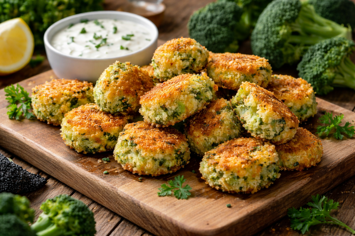 Knusprige Brokkoli-Käse-Nuggets goldbraun gebacken auf einem Holzbrett, serviert mit cremigem Dip und frischem Brokkoli im Hintergrund, appetitlich angerichtet in warmem Licht