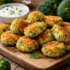 Knusprige Brokkoli-Käse-Nuggets goldbraun gebacken auf einem Holzbrett, serviert mit cremigem Dip und frischem Brokkoli im Hintergrund, appetitlich angerichtet in warmem Licht