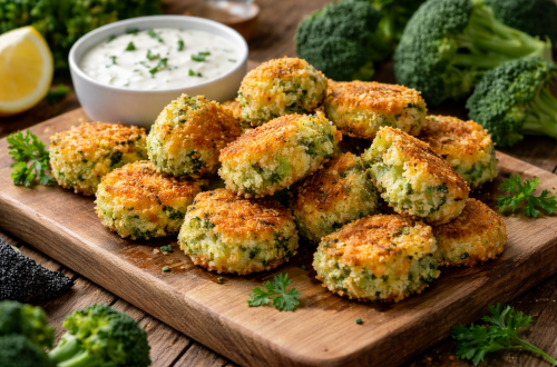 Knusprige Brokkoli-Käse-Nuggets goldbraun gebacken auf einem Holzbrett, serviert mit cremigem Dip und frischem Brokkoli im Hintergrund, appetitlich angerichtet in warmem Licht