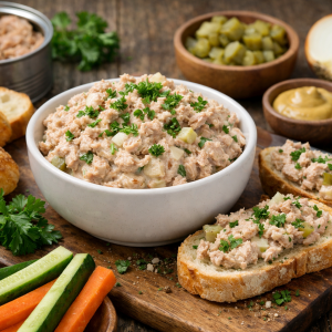 Cremiger Thunfischaufstrich mit Frischkäse, Essiggurken und Zwiebeln in einer Schüssel, serviert mit knusprigem Brot auf rustikalem Holzbrett – schnelles Rezept für würzigen Brotaufstrich.