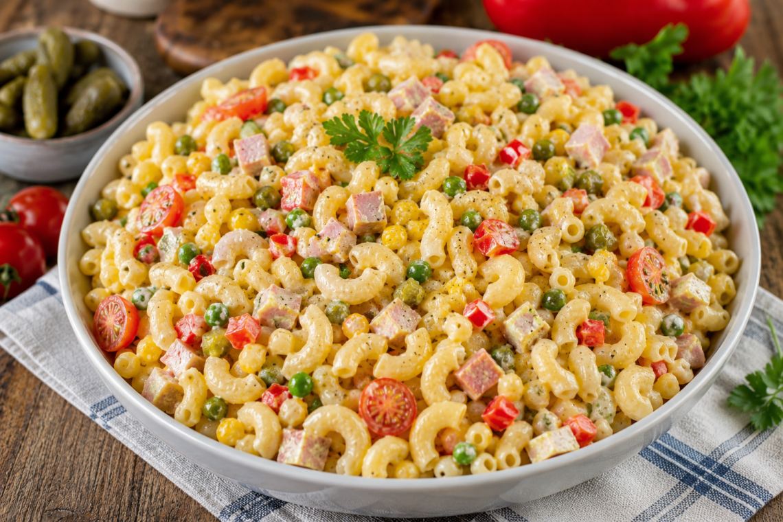 Cremiger Hörnchen-Nudelsalat mit Lyoner Fleischkäse, Erbsen, Mais, Paprika, Cornichons und Mini-Tomaten in einer großen weißen Schüssel auf rustikalem Holztisch dekoriert.
