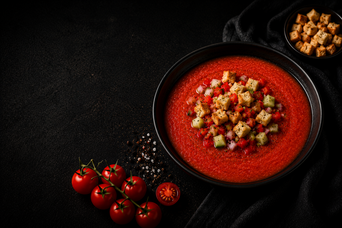 Fotorealistisches Beitragsbild einer klassischen Gazpacho in einer schwarzen Schüssel auf dunklem Hintergrund. Die kalte spanische Tomatensuppe ist mit knusprigen Croutons sowie fein gewürfelten Tomaten, Gurken und roten Zwiebeln garniert. Daneben liegen frische Cherrytomaten, grobes Meersalz und eine kleine Schale mit Croutons in einer edlen, stimmungsvoll beleuchteten Food-Fotografie.