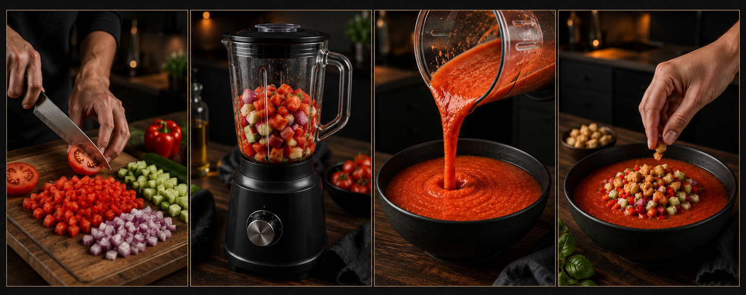 Vierteiliger fotorealistischer Banner zur Zubereitung von Gazpacho. Die Bildfolge zeigt das Schneiden von Tomaten, Gurke, Paprika und Zwiebeln, das Pürieren der Zutaten im Mixer, das Einfüllen der cremigen kalten Tomatensuppe in eine Schüssel sowie das Garnieren mit fein gewürfeltem Gemüse und knusprigen Croutons in einer modernen, dunklen Küche.