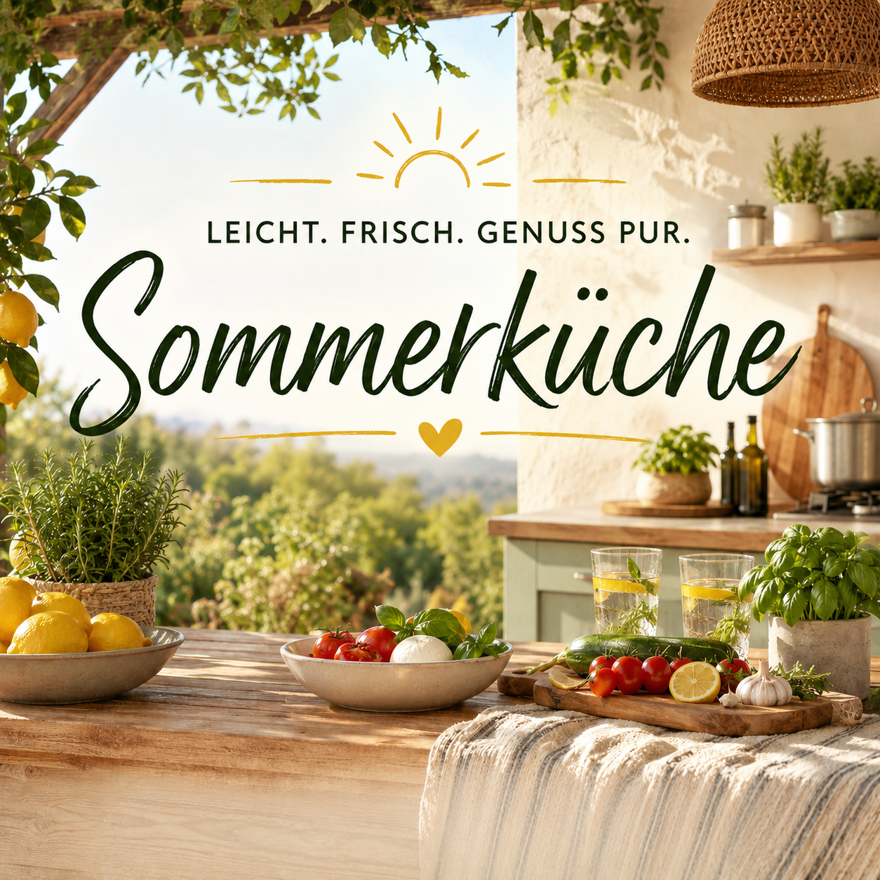 Sommerliche Outdoor-Küche mit frischen Zitronen, Tomaten, Basilikum, Mozzarella und Kräutern auf einem rustikalen Holztisch. Im Hintergrund sorgt eine mediterrane Küche mit warmem Sonnenlicht für Urlaubsstimmung. Groß im Mittelpunkt steht der Schriftzug „Sommerküche“ mit dem Zusatz „Leicht. Frisch. Genuss pur.“.