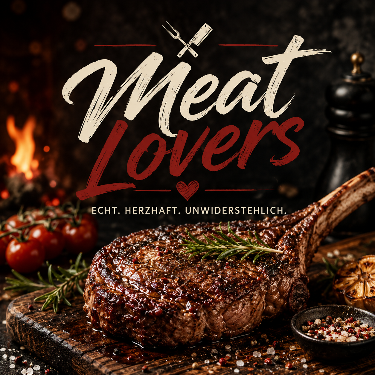 Saftig gegrilltes Tomahawk-Steak auf einem rustikalen Holzbrett mit Rosmarin, Knoblauch, Pfeffer und Tomaten vor einem dunklen Steakhouse-Hintergrund. Im Mittelpunkt steht der Schriftzug „Meat Lovers“ mit dem Slogan „Echt. Herzhaft. Unwiderstehlich.