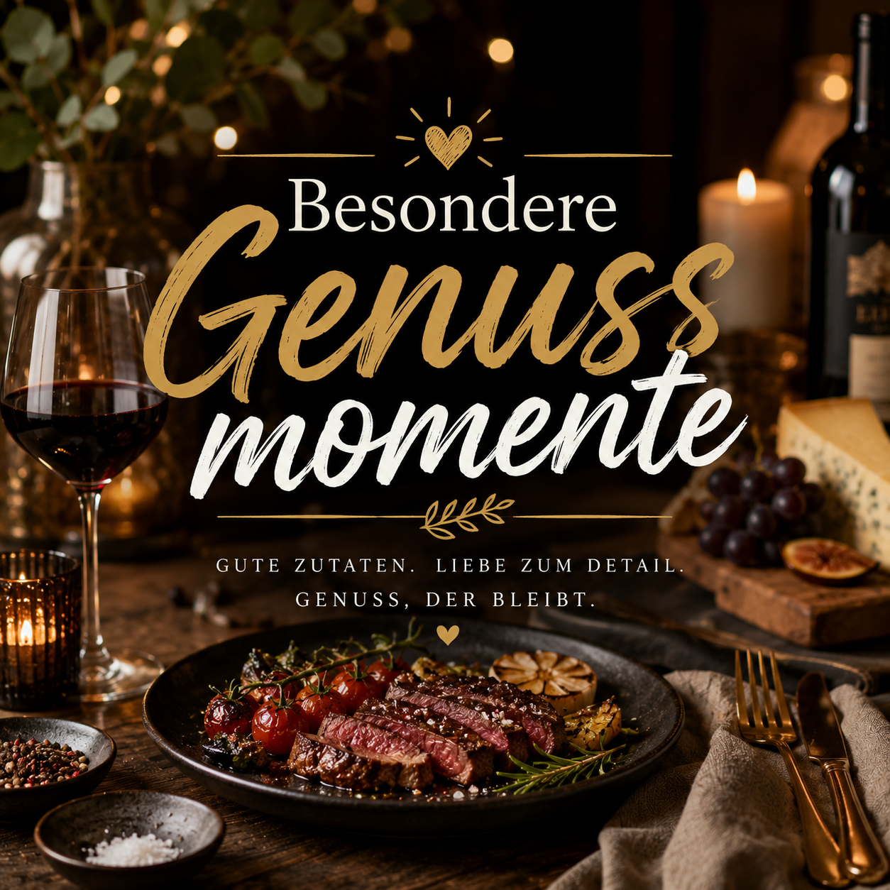 Stimmungsvoll gedeckter Tisch mit medium gebratenem Steak, Rotwein, Käse, Trauben und Kerzenlicht in edler Abendatmosphäre. Im Mittelpunkt steht der Schriftzug „Besondere Genussmomente“ mit den Zusätzen „Gute Zutaten. Liebe zum Detail.“ und „Genuss, der bleibt.“.