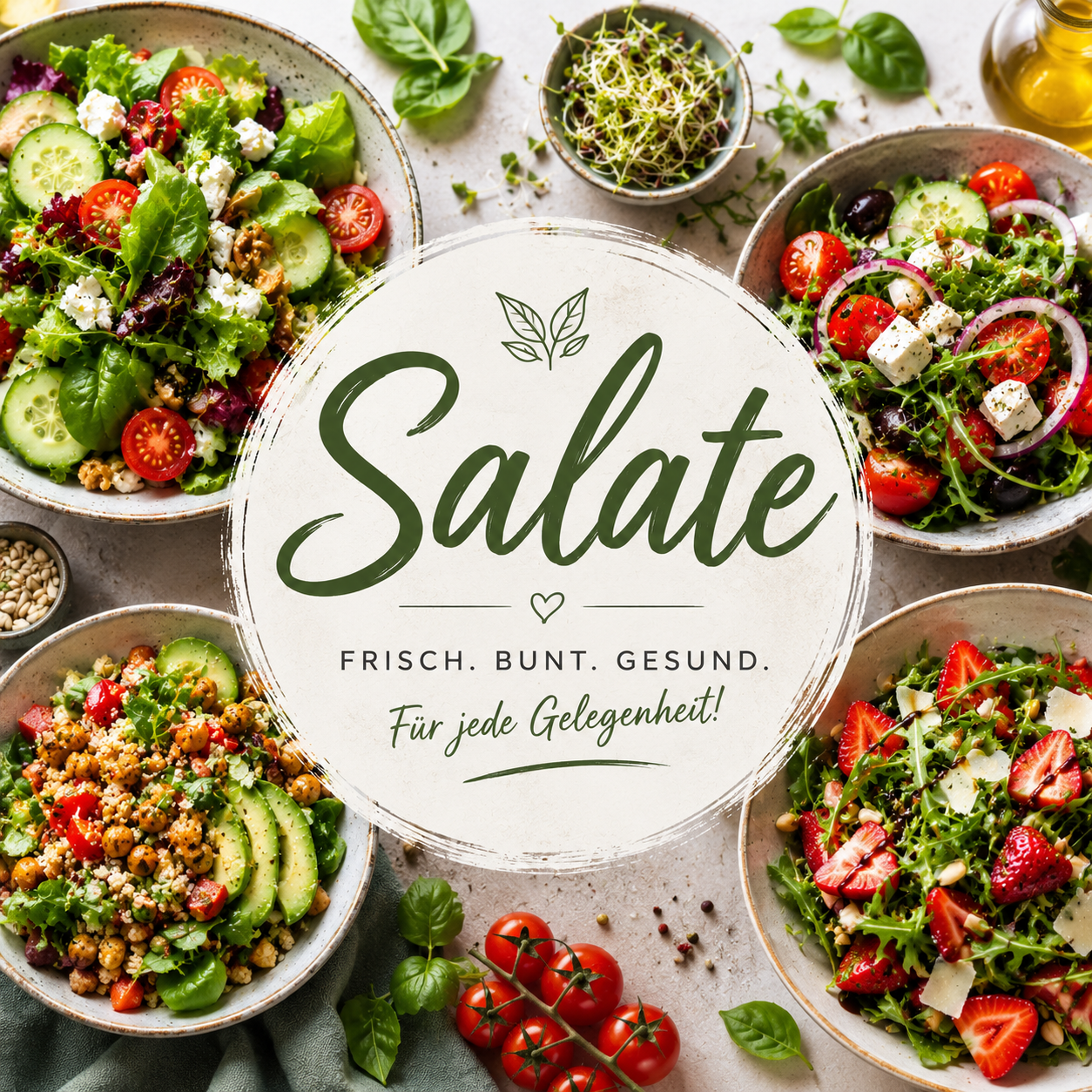 Verschiedene frisch angerichtete Salate mit Blattsalat, Tomaten, Gurken, Avocado, Feta, Erdbeeren und Kräutern umrahmen den Schriftzug „Salate“. Das quadratische Themenwelt-Bild vermittelt Frische, Vielfalt und gesunde Küche in einem modernen, hochwertigen Food-Design.