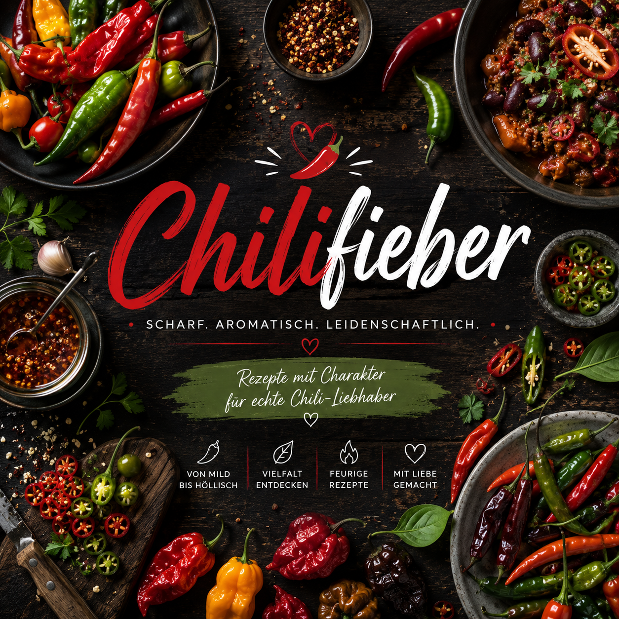 Themenwelt „Chilifieber“ mit einer Auswahl frischer Chilis in Rot, Grün, Gelb und Orange, scharfen Gerichten, Chiliöl und Gewürzen auf einem dunklen Holztisch. Das quadratische Food-Bild vermittelt die Vielfalt der Chili-Küche von milden Sorten bis zu extrem scharfen Spezialitäten in einem hochwertigen, modernen Design.