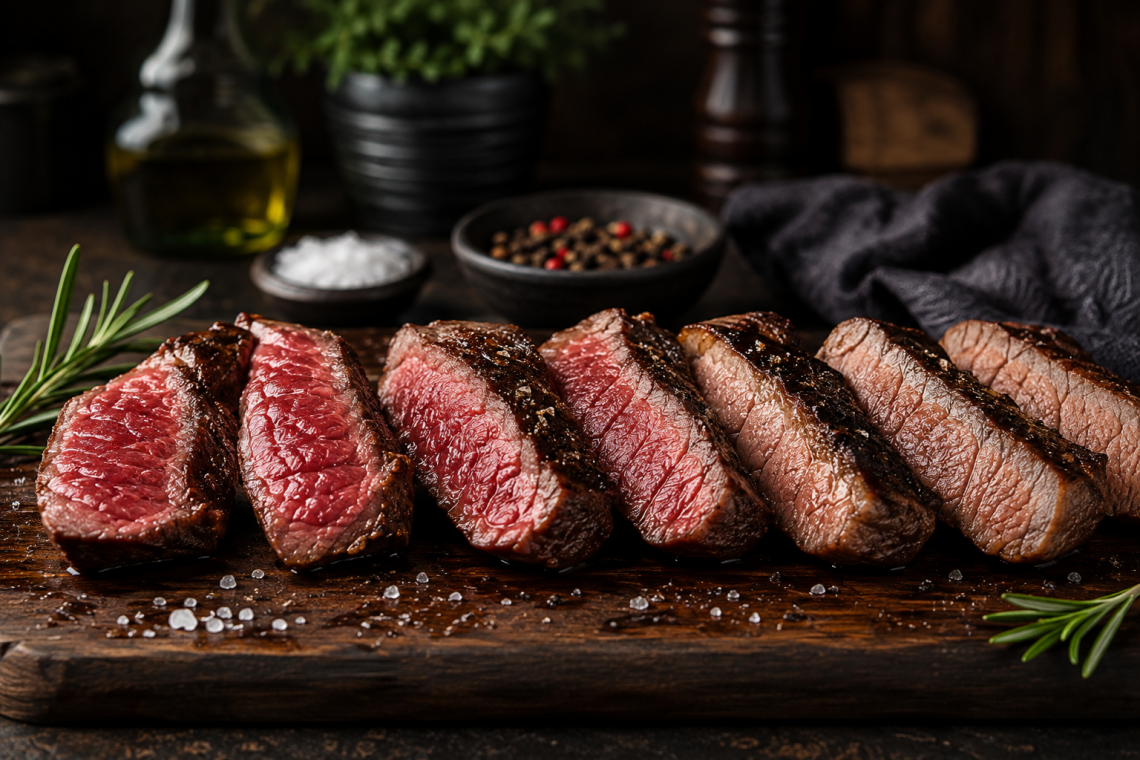 Fotorealistisches Beitragsbild mit mehreren aufgeschnittenen Rindersteaks in unterschiedlichen Garstufen von Rare bis Well Done auf einem rustikalen Holzbrett. Die Steaks zeigen eine kräftige, dunkelbraune Kruste und saftige Anschnitte. Grobes Meersalz, bunter Pfeffer und frische Rosmarinzweige liegen dekorativ um das Fleisch. Im Hintergrund sorgen eine dunkle Gourmetküche, eine Flasche Olivenöl und Gewürzschalen für eine edle, warme Atmosphäre. Das Bild vermittelt hochwertige Steakkultur und zeigt anschaulich die verschiedenen Gargrade.