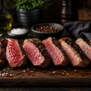 Fotorealistisches Beitragsbild mit mehreren aufgeschnittenen Rindersteaks in unterschiedlichen Garstufen von Rare bis Well Done auf einem rustikalen Holzbrett. Die Steaks zeigen eine kräftige, dunkelbraune Kruste und saftige Anschnitte. Grobes Meersalz, bunter Pfeffer und frische Rosmarinzweige liegen dekorativ um das Fleisch. Im Hintergrund sorgen eine dunkle Gourmetküche, eine Flasche Olivenöl und Gewürzschalen für eine edle, warme Atmosphäre. Das Bild vermittelt hochwertige Steakkultur und zeigt anschaulich die verschiedenen Gargrade.