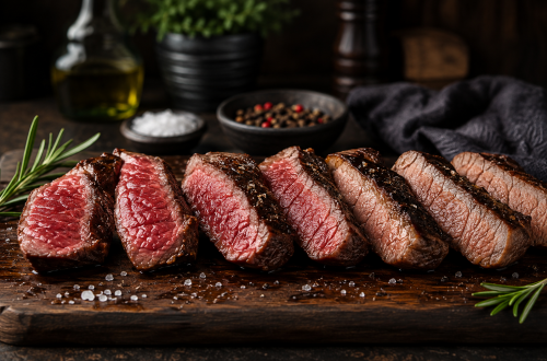 Fotorealistisches Beitragsbild mit mehreren aufgeschnittenen Rindersteaks in unterschiedlichen Garstufen von Rare bis Well Done auf einem rustikalen Holzbrett. Die Steaks zeigen eine kräftige, dunkelbraune Kruste und saftige Anschnitte. Grobes Meersalz, bunter Pfeffer und frische Rosmarinzweige liegen dekorativ um das Fleisch. Im Hintergrund sorgen eine dunkle Gourmetküche, eine Flasche Olivenöl und Gewürzschalen für eine edle, warme Atmosphäre. Das Bild vermittelt hochwertige Steakkultur und zeigt anschaulich die verschiedenen Gargrade.