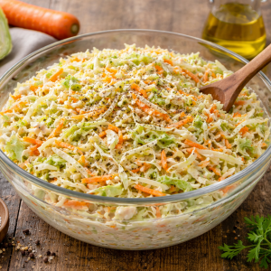 Glas-Schüssel mit cremigem Krautsalat aus fein geschnittenem Spitzkohl, Karotten und Zwiebeln auf einem Holztisch, daneben Öl, Gewürze und frische Zutaten.
