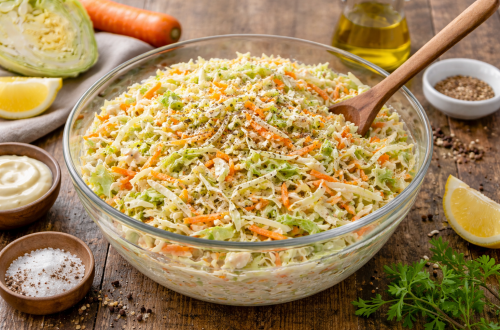 Glas-Schüssel mit cremigem Krautsalat aus fein geschnittenem Spitzkohl, Karotten und Zwiebeln auf einem Holztisch, daneben Öl, Gewürze und frische Zutaten.