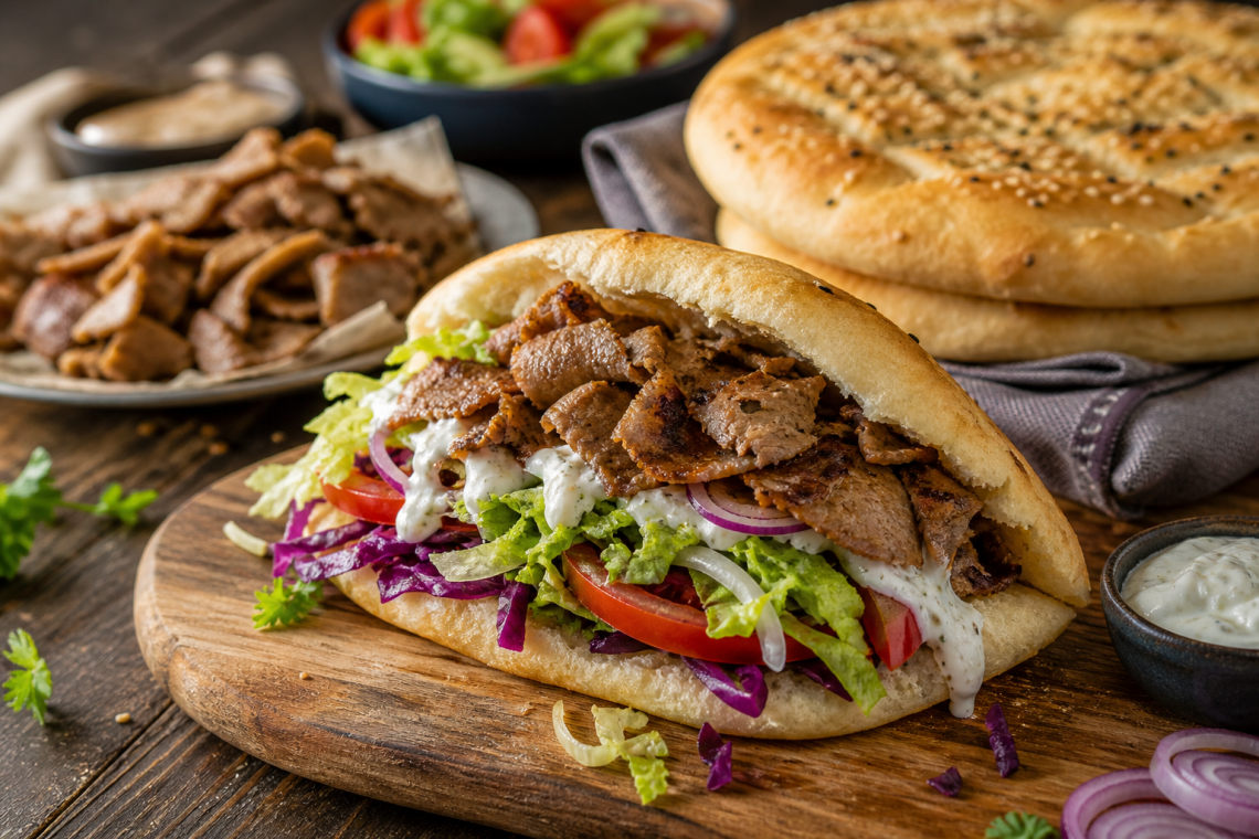 Fotorealistisches Bild eines frisch gefüllten Döners im selbstgemachten Fladenbrot mit saftig gebratenem Fleisch, knackigem Salat, Tomaten, Rotkohl und cremiger Joghurtsauce auf einem Holzbrett, im Hintergrund weitere Fladenbrote und Zutaten.