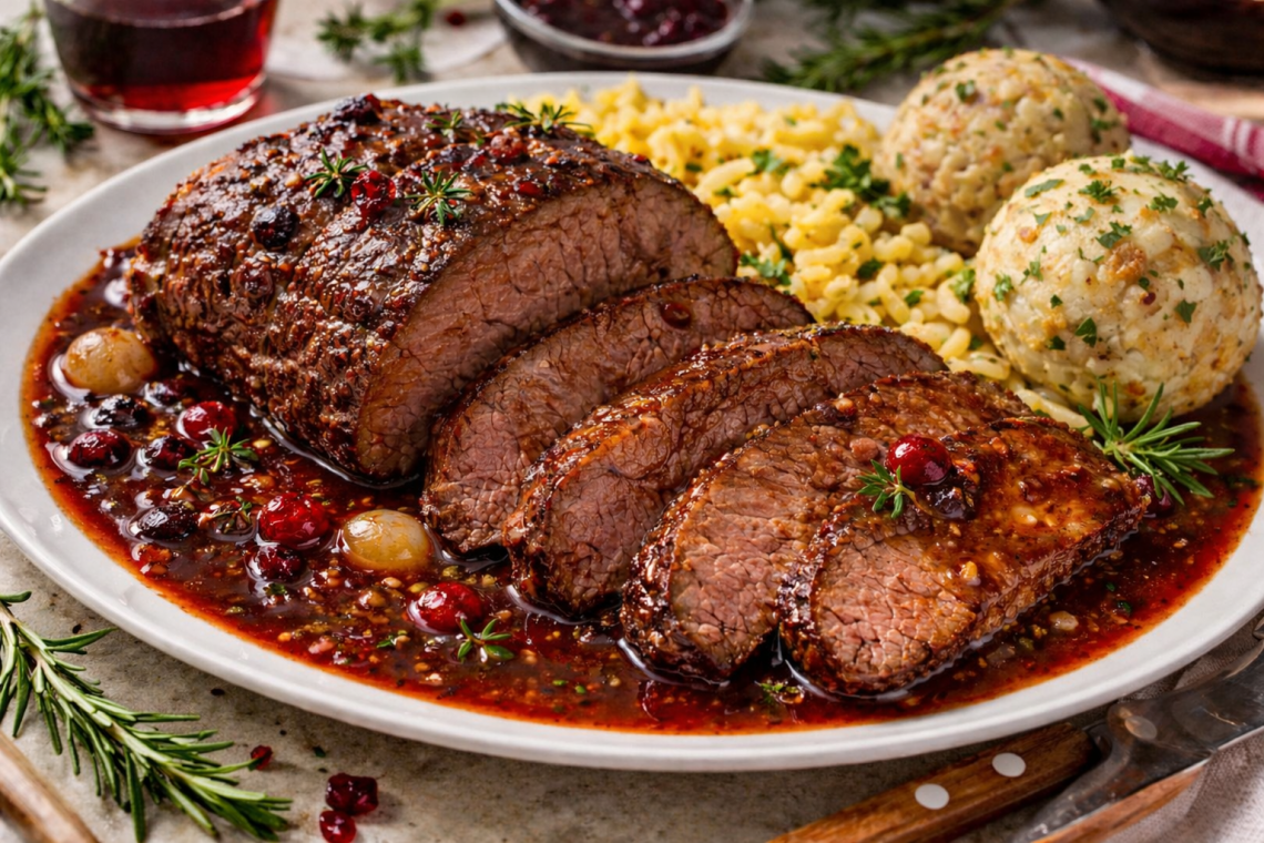 Saftig geschnittener Burgunderbraten aus Rindfleisch in kräftiger Rotweinsoße, angerichtet auf einem Teller mit Semmelknödeln, Spätzle, Preiselbeeren und frischen Kräutern in rustikalem Setting.