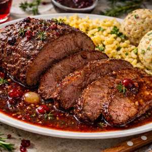 Saftig geschnittener Burgunderbraten aus Rindfleisch in kräftiger Rotweinsoße, angerichtet auf einem Teller mit Semmelknödeln, Spätzle, Preiselbeeren und frischen Kräutern in rustikalem Setting.