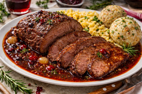 Saftig geschnittener Burgunderbraten aus Rindfleisch in kräftiger Rotweinsoße, angerichtet auf einem Teller mit Semmelknödeln, Spätzle, Preiselbeeren und frischen Kräutern in rustikalem Setting.