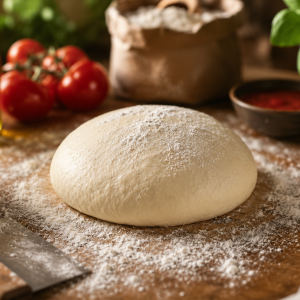 Frischer Pizzateig auf bemehlter Holzfläche mit Mehl, Olivenöl und Tomaten – einfaches Pizzateig-Rezept wie beim Italiener