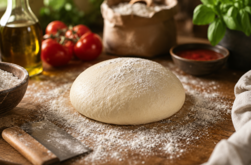 Frischer Pizzateig auf bemehlter Holzfläche mit Mehl, Olivenöl und Tomaten – einfaches Pizzateig-Rezept wie beim Italiener