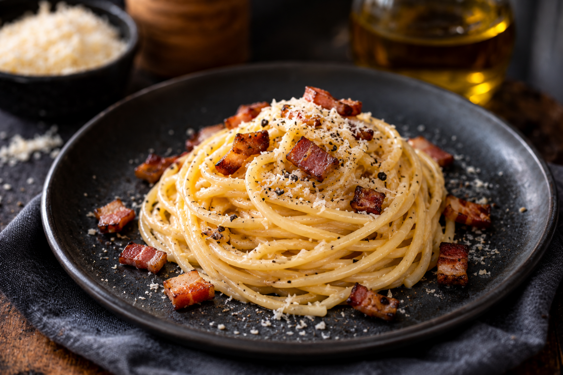 Cremige Spaghetti Carbonara auf einem dunklen Keramikteller, mit knusprig gerösteten Guanciale-Würfeln, geriebenem Pecorino und frisch gemahlenem schwarzem Pfeffer angerichtet.