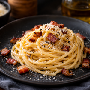 Cremige Spaghetti Carbonara auf einem dunklen Keramikteller, mit knusprig gerösteten Guanciale-Würfeln, geriebenem Pecorino und frisch gemahlenem schwarzem Pfeffer angerichtet.