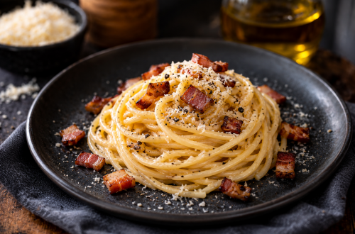 Cremige Spaghetti Carbonara auf einem dunklen Keramikteller, mit knusprig gerösteten Guanciale-Würfeln, geriebenem Pecorino und frisch gemahlenem schwarzem Pfeffer angerichtet.