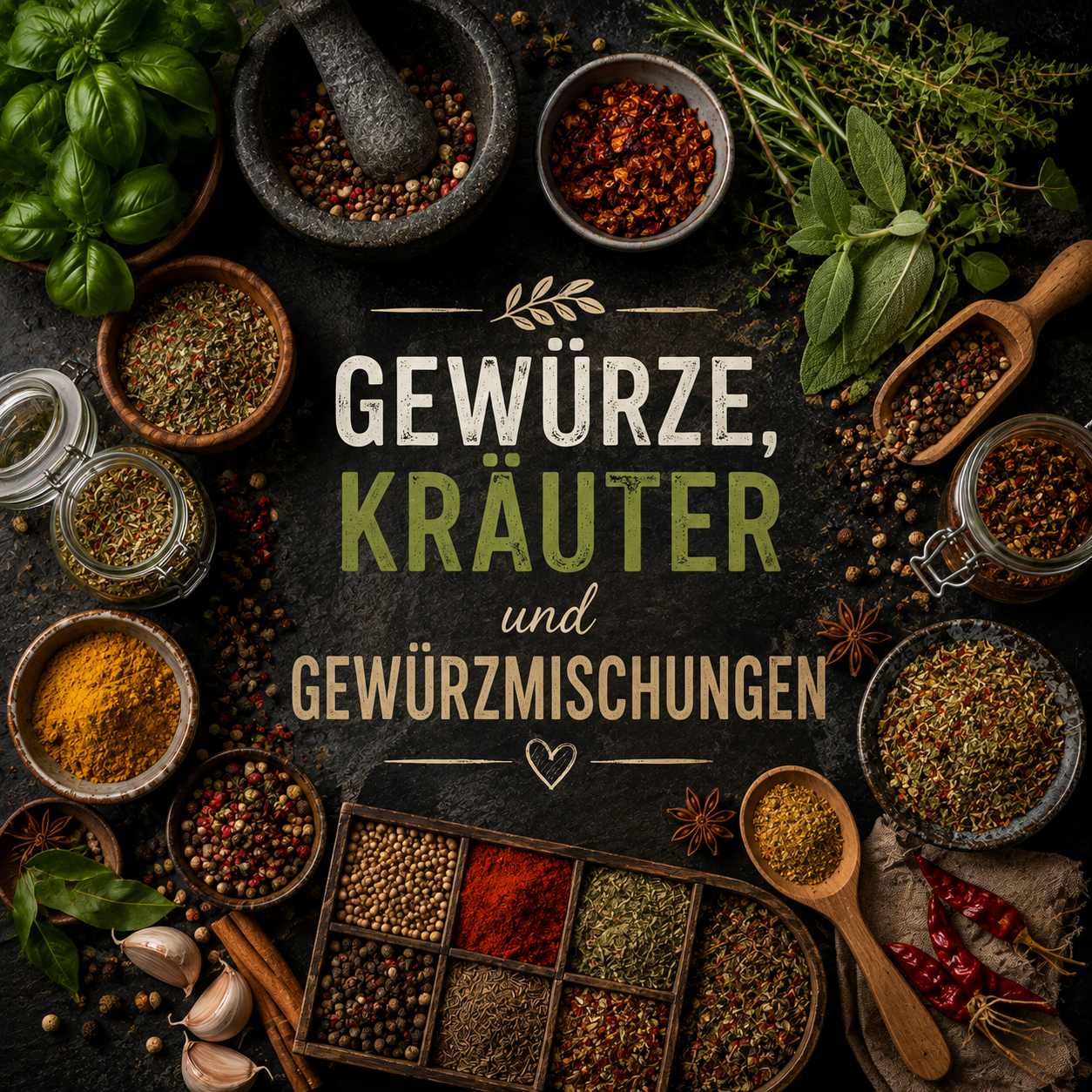 Verschiedene Gewürze, frische Kräuter und aromatische Gewürzmischungen in rustikalen Schalen und Gläsern auf dunklem Untergrund, arrangiert mit Mörser, Pfeffer, Chili, Knoblauch, Basilikum, Rosmarin und Salbei.