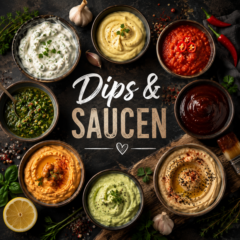 Verschiedene Dips und Saucen in rustikalen Schalen auf dunklem Untergrund, darunter Kräuterdip, Hummus, scharfe Chilisauce, grüne Kräutersauce und BBQ-Sauce, dekoriert mit Chili, Knoblauch, Zitrone und frischen Kräutern.