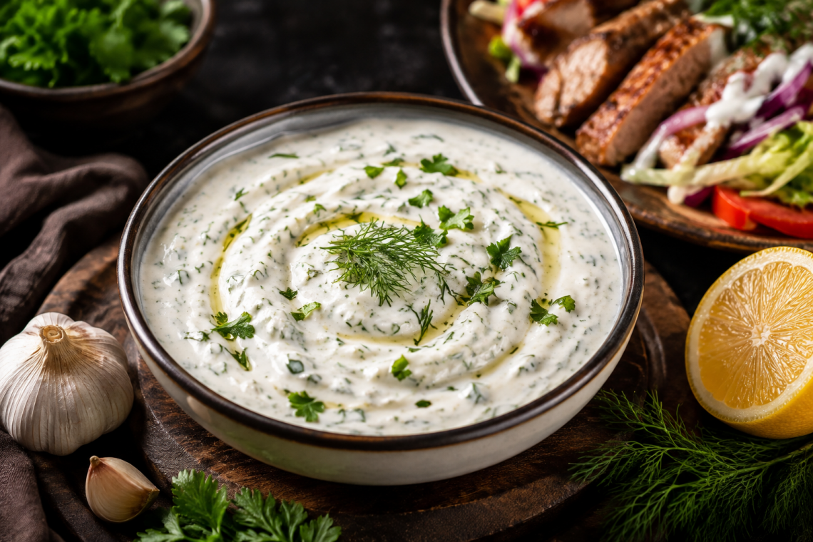 Cremige türkische Joghurtsoße mit Knoblauch, Dill und Petersilie, verfeinert mit Olivenöl und Zitrone, serviert in einer Schale auf einem rustikalen Holztisch.