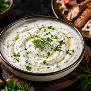 Cremige türkische Joghurtsoße mit Knoblauch, Dill und Petersilie, verfeinert mit Olivenöl und Zitrone, serviert in einer Schale auf einem rustikalen Holztisch.
