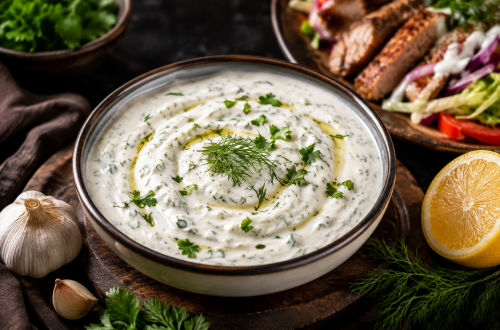 Cremige türkische Joghurtsoße mit Knoblauch, Dill und Petersilie, verfeinert mit Olivenöl und Zitrone, serviert in einer Schale auf einem rustikalen Holztisch.