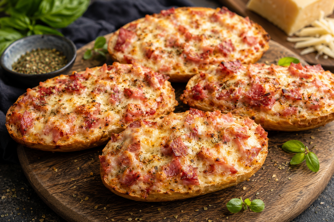 Pizza-Weckle mit Schinken, Salami und geschmolzenem Käse, knusprig im Ofen überbacken und auf einem rustikalen Holzbrett serviert.