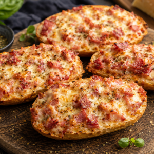 Pizza-Weckle mit Schinken, Salami und geschmolzenem Käse, knusprig im Ofen überbacken und auf einem rustikalen Holzbrett serviert.