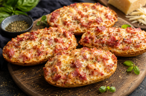 Pizza-Weckle mit Schinken, Salami und geschmolzenem Käse, knusprig im Ofen überbacken und auf einem rustikalen Holzbrett serviert.
