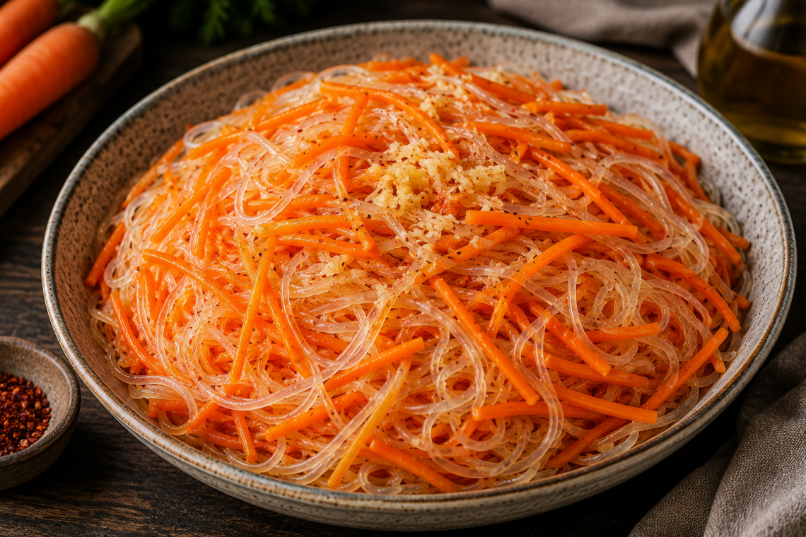 Karottensalat mit Glasnudeln, fein gehobelten Karotten, etwas gepresstem Knoblauch, Chili und schwarzem Pfeffer in einer rustikalen Schale.