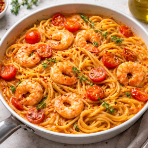 Cremige Spaghetti mit Garnelen und Kirschtomaten in einer Pfanne, verfeinert mit Thymian und Chiliflocken.