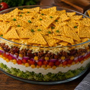 Schichtsalat Chili con Carne mit Hackfleisch, Kidneybohnen, Mais, Salsa, Eisbergsalat, Creme fraîche, geriebenem Gouda und Nachos in einer Glasschüssel auf rustikalem Holztisch